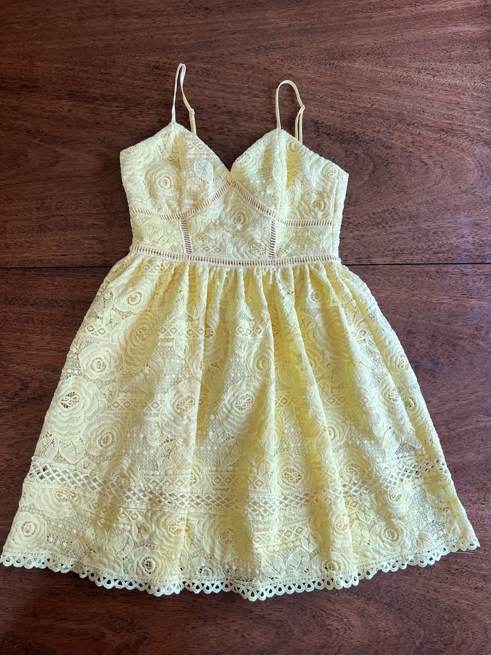 Aqua Yellow Lace Fit & Flare Dress Small Floral Embroidered Sleeveless Dress